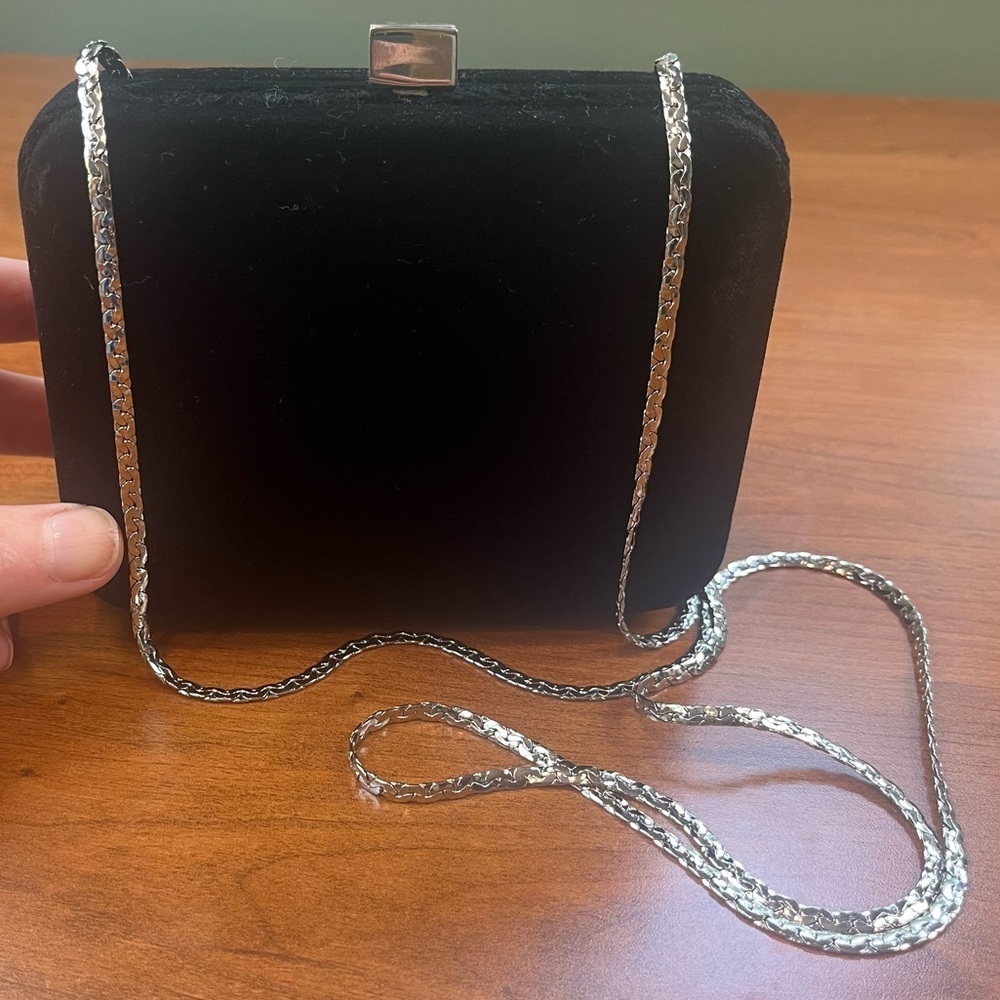 Enzo Angiolini Black Velvet Small Evening Box Clutch Silver Chain and Top Clasp